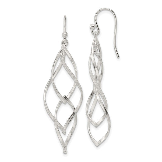 QE16067 Sterling Silver Polished & Lasered Texture Twisted Dangle Hook Earrings