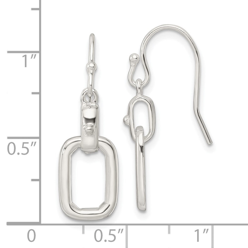 QE16080 Sterling Silver Polished Rectangle Link Dangle Shepherd Hook Earrings
