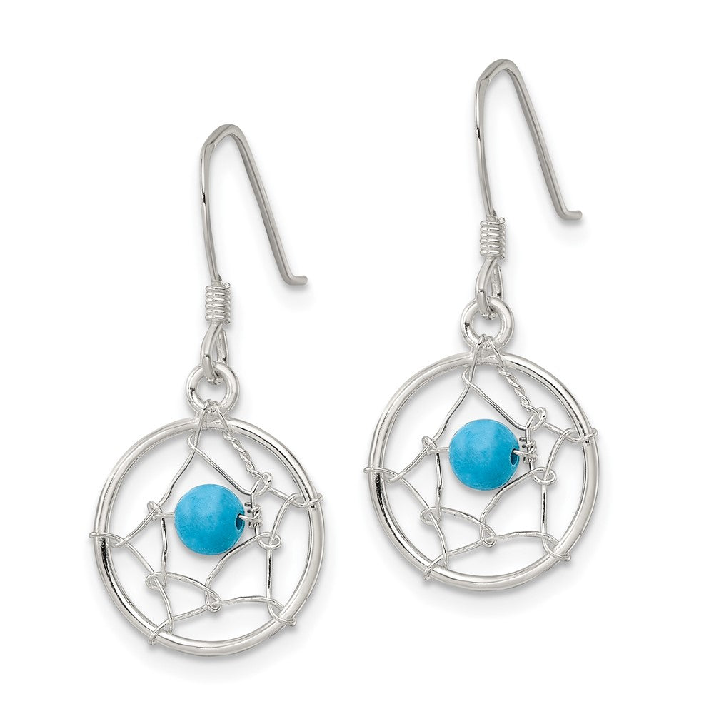 QE16084 Sterling Silver Polished Turquoise Bead Dream Catcher Dangle Earrings