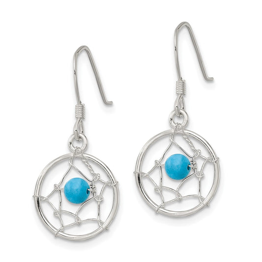 QE16084 Sterling Silver Polished Turquoise Bead Dream Catcher Dangle Earrings