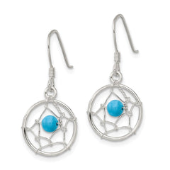 QE16084 Sterling Silver Polished Turquoise Bead Dream Catcher Dangle Earrings