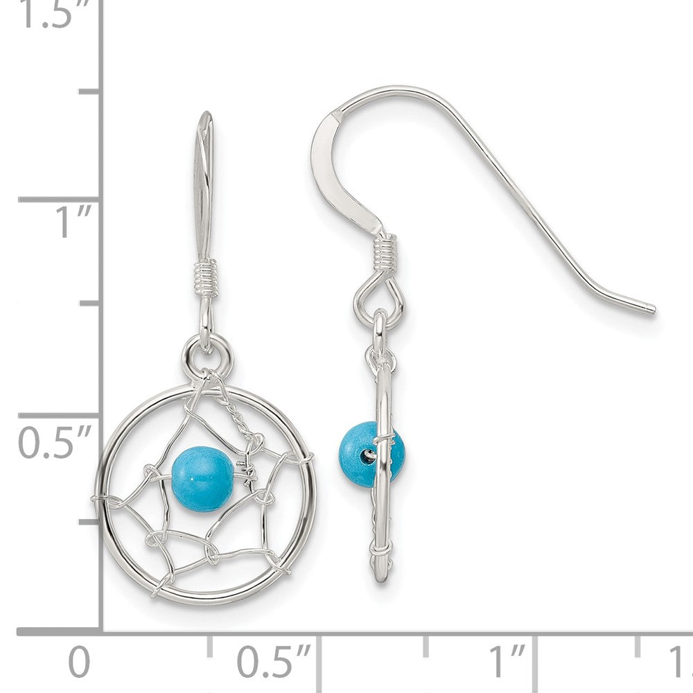 QE16084 Sterling Silver Polished Turquoise Bead Dream Catcher Dangle Earrings