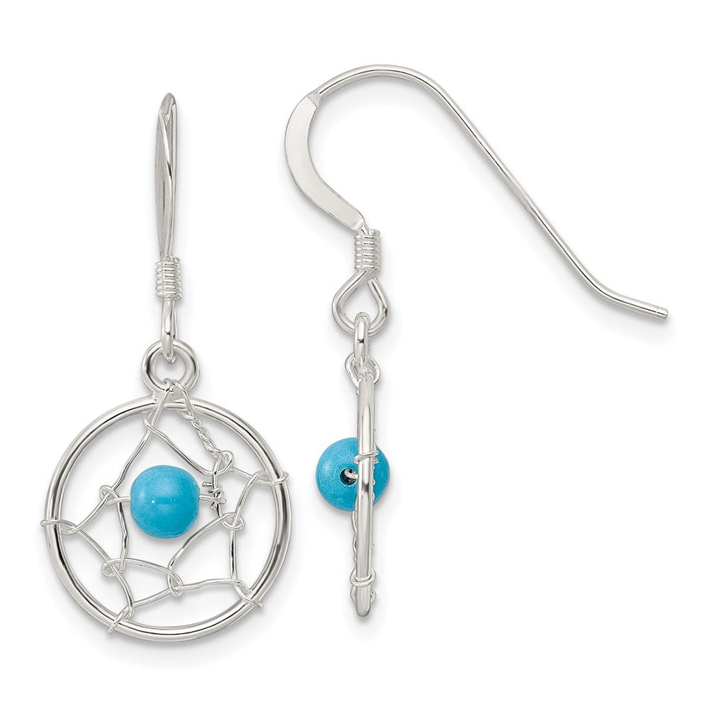 QE16084 Sterling Silver Polished Turquoise Bead Dream Catcher Dangle Earrings