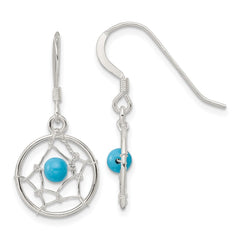 QE16084 Sterling Silver Polished Turquoise Bead Dream Catcher Dangle Earrings
