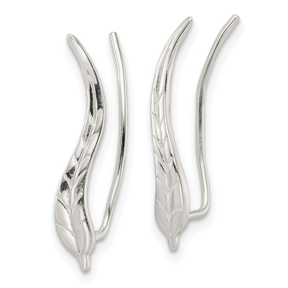 QE16107 Sterling Silver Polished & Textured Wavy Leaf Dangle Earrings