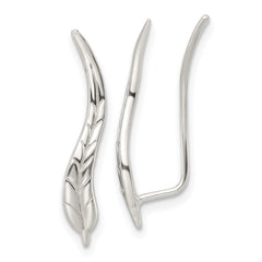QE16107 Sterling Silver Polished & Textured Wavy Leaf Dangle Earrings