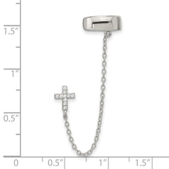 QE16112 Sterling Silver RH-plated CZ Cross w/ 2in Chain Single Post & Cuff Earrin