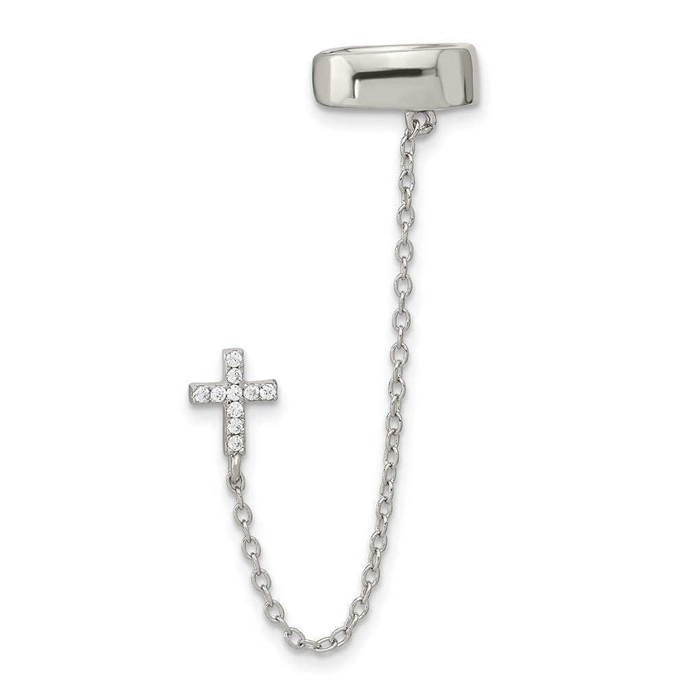 QE16112 Sterling Silver RH-plated CZ Cross w/ 2in Chain Single Post & Cuff Earrin
