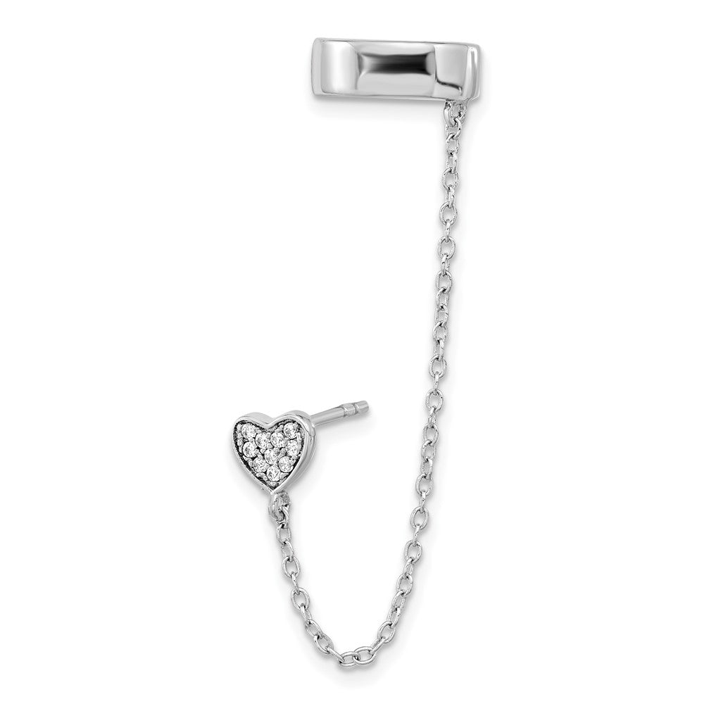 QE16113 Sterling Silver RH-plated CZ Heart w/ 2in Chain Single Post & Cuff Earrin