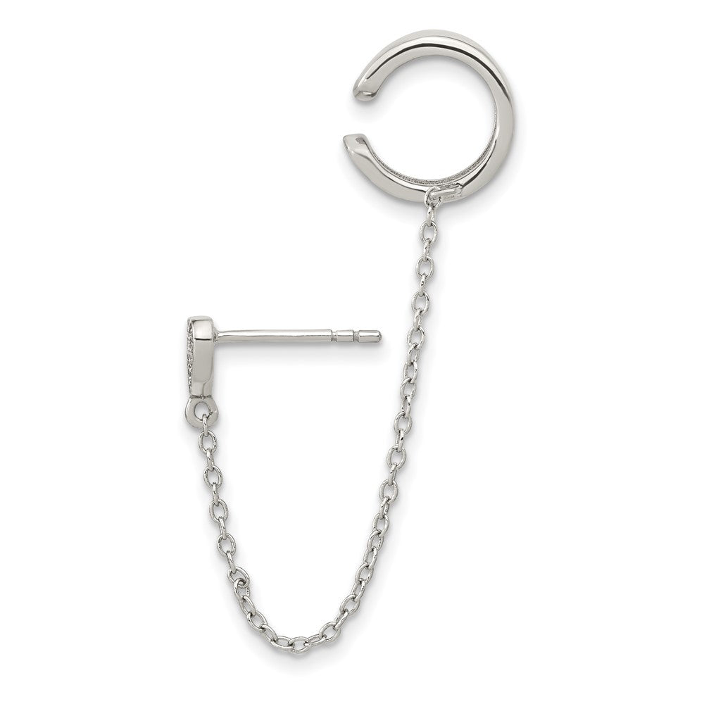 QE16113 Sterling Silver RH-plated CZ Heart w/ 2in Chain Single Post & Cuff Earrin
