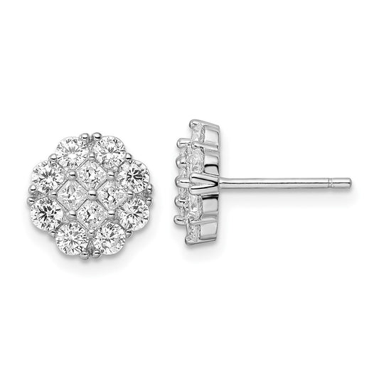 QE16121 Sterling Silver Rhodium-plated Polished CZ Cluster Flower Post Earrings