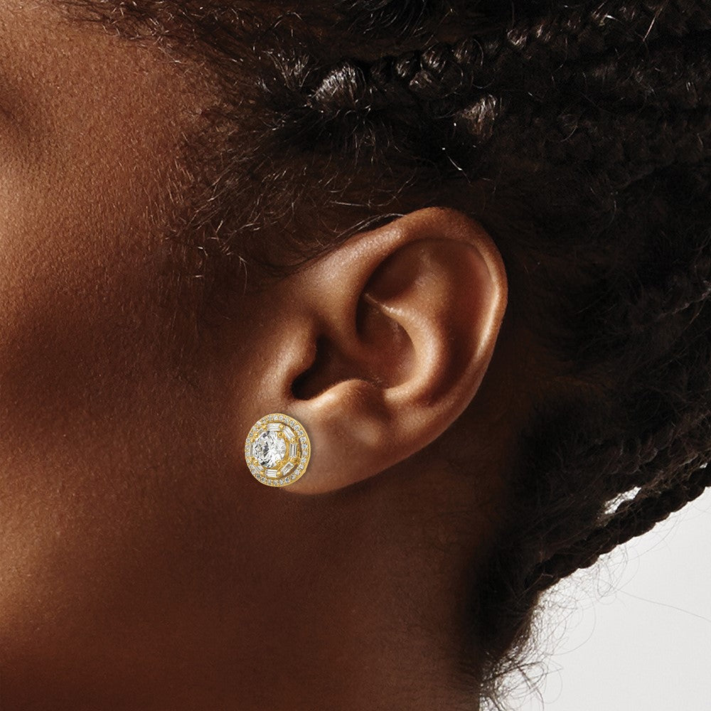 QE16128 Sterling Silver Gold-tone Polished 6mm CZ Stud w/ Jackets Earrings