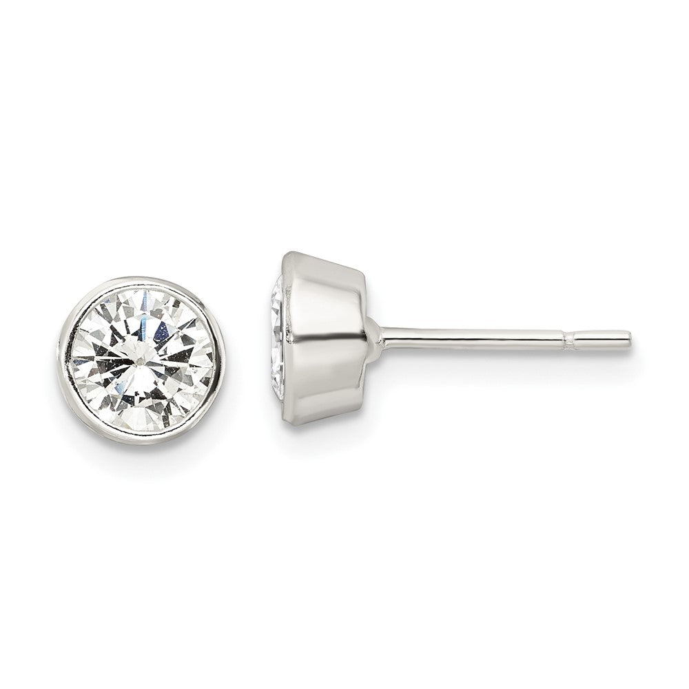 QE16137 Sterling Silver Polished 6mm Round CZ Bezel Set Stud Earrings