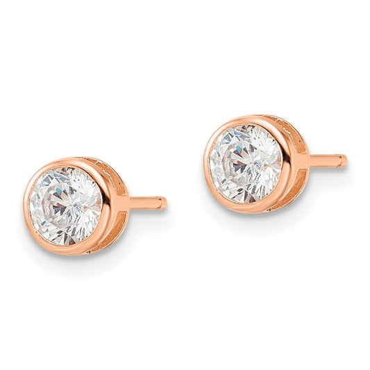 QE16143 Sterling Silver Rose-tone Polished 5mm Round CZ Bezel Set Stud Earrings