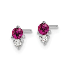 QE16153 Sterling Silver Rhodium-plated Polished Red & White CZ Post Earrings