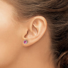 QE16161 Sterling Silver Rhod-plated Polished 5mm Pink Crystal Bezel Stud Earrings