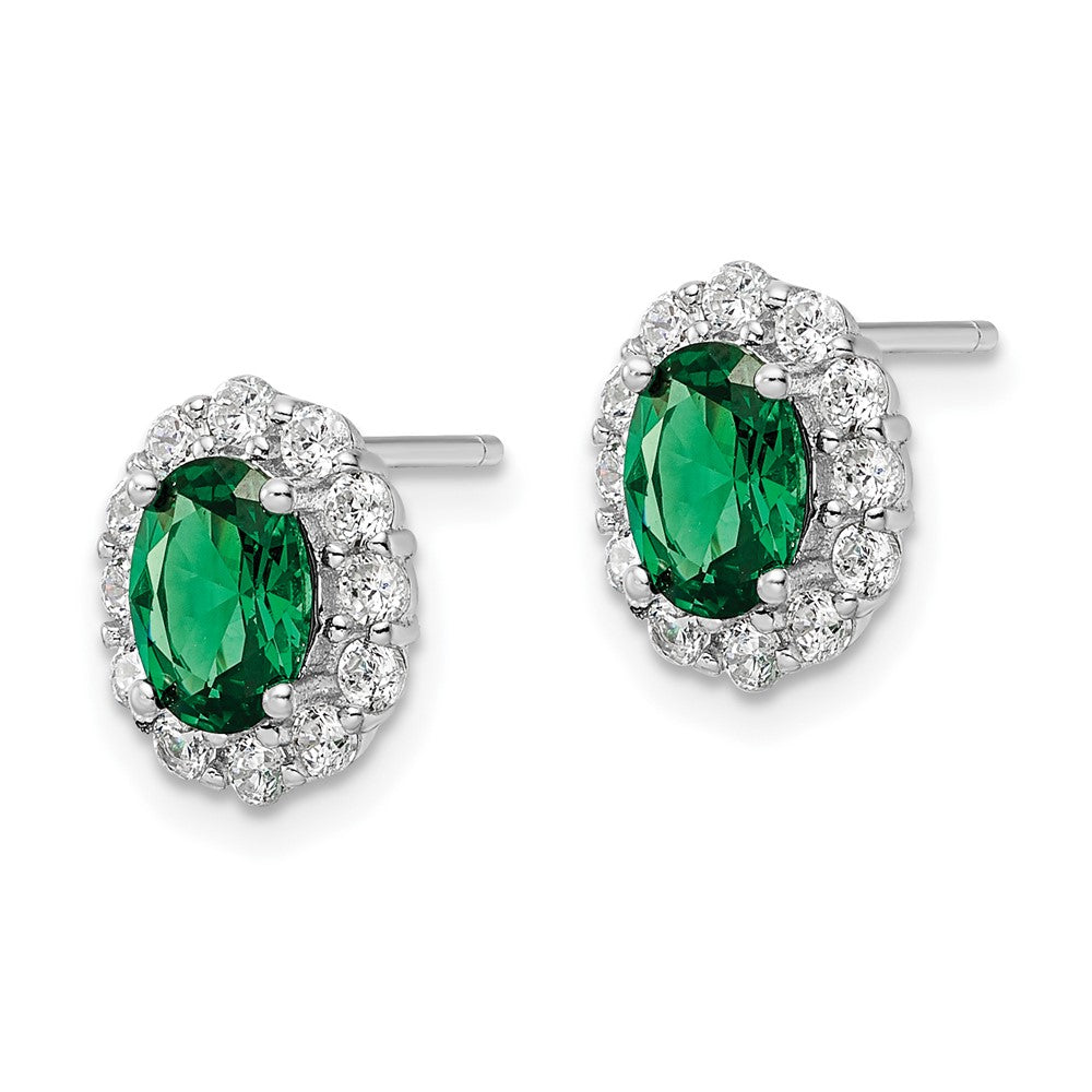 QE16166 Sterling Silver Rhod-plated Polished Green & White CZ Oval Post Earrings