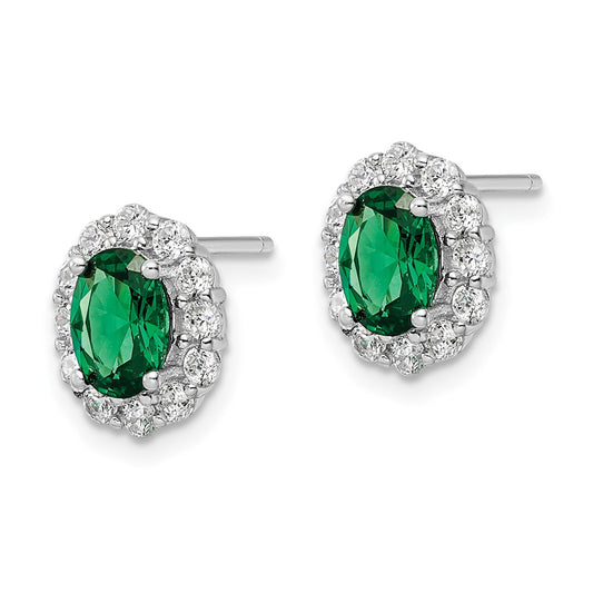 QE16166 Sterling Silver Rhod-plated Polished Green & White CZ Oval Post Earrings