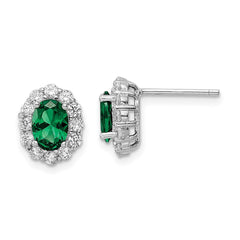 QE16166 Sterling Silver Rhod-plated Polished Green & White CZ Oval Post Earrings