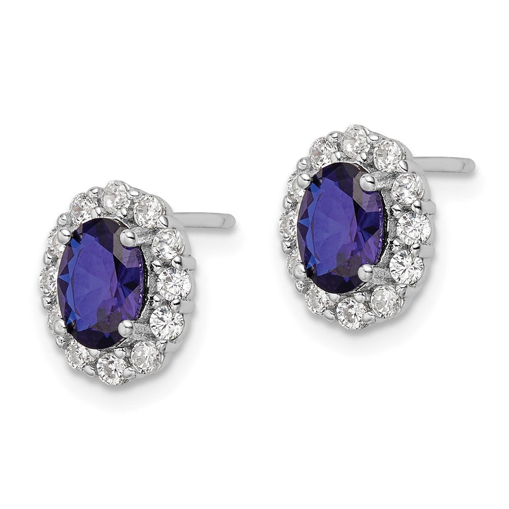 QE16168 Sterling Silver Rhodium-plated Polished Blue & White CZ Oval Post Earrings
