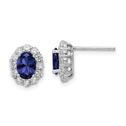 QE16168 Sterling Silver Rhodium-plated Polished Blue & White CZ Oval Post Earrings