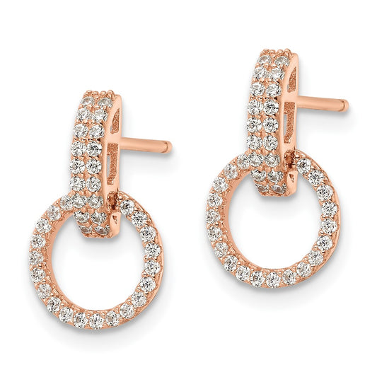 QE16209 Sterling Silver Rose-tone Polished CZ Circle Post Dangle Earrings