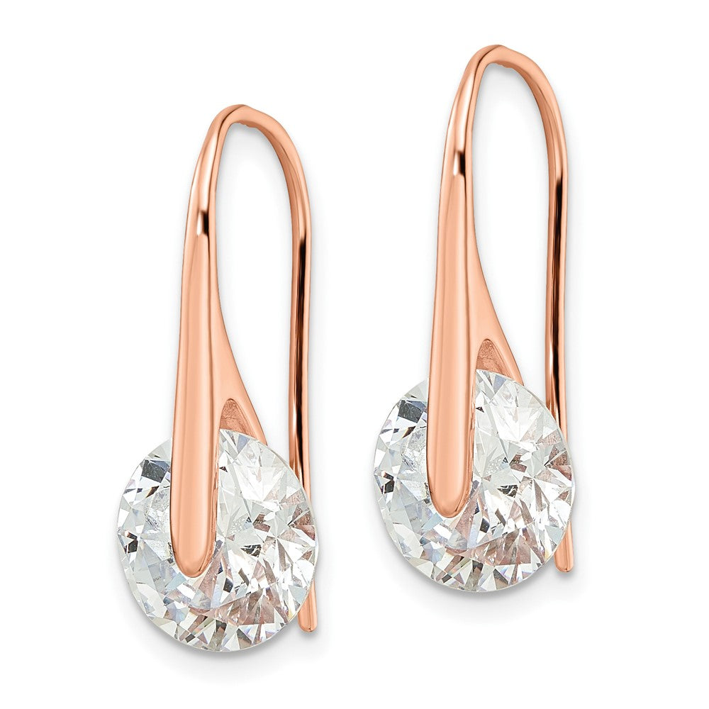 QE16220 Sterling Silver Rose-tone Polished Round CZ Dangle Earrings