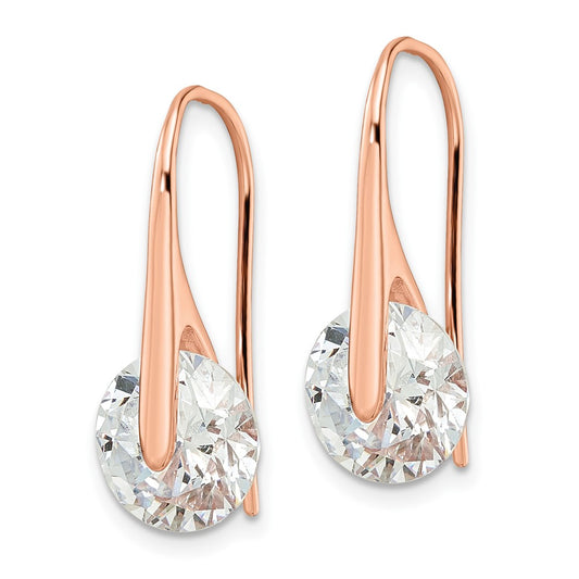 QE16220 Sterling Silver Rose-tone Polished Round CZ Dangle Earrings