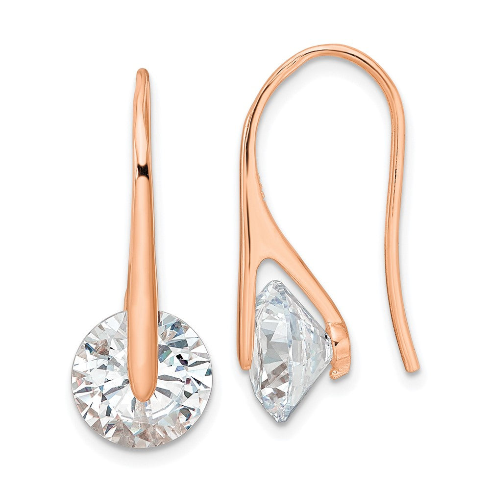 QE16220 Sterling Silver Rose-tone Polished Round CZ Dangle Earrings