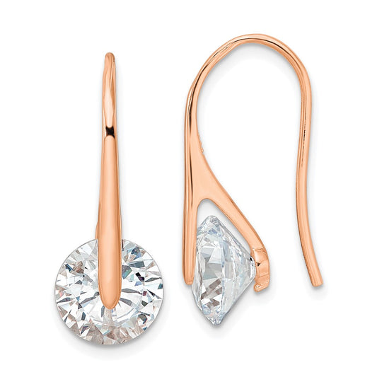 QE16220 Sterling Silver Rose-tone Polished Round CZ Dangle Earrings