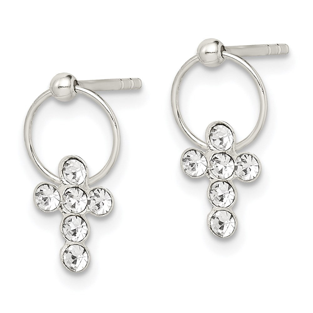 QE1623 Sterling Silver Polished CZ Cross Circle Post Dangle Earrings