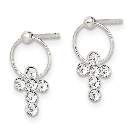 QE1623 Sterling Silver Polished CZ Cross Circle Post Dangle Earrings