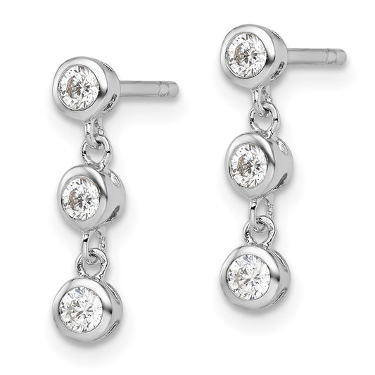 QE16231 Sterling Silver Rhodium-plated Polished Three CZ Post Dangle Earrings