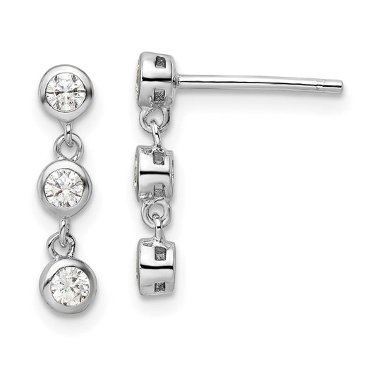 QE16231 Sterling Silver Rhodium-plated Polished Three CZ Post Dangle Earrings