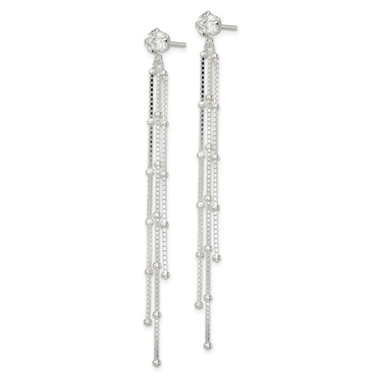 QE16238 Sterling Silver Polished CZ & Beaded Chain Post Dangle Earrings