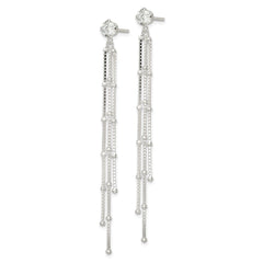 QE16238 Sterling Silver Polished CZ & Beaded Chain Post Dangle Earrings