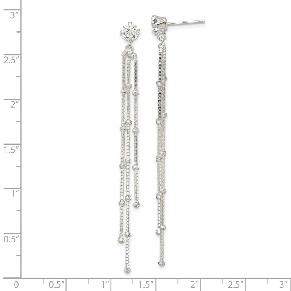QE16238 Sterling Silver Polished CZ & Beaded Chain Post Dangle Earrings