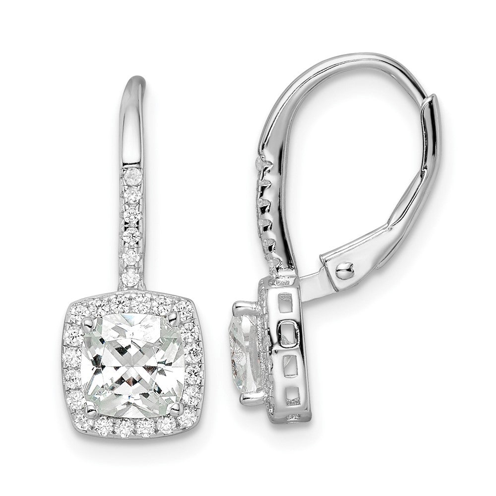 QE16247 Sterling Silver RH-plated Polished Princess Cut CZ Halo Leverback Earrings