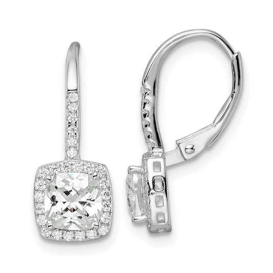 QE16247 Sterling Silver RH-plated Polished Princess Cut CZ Halo Leverback Earrings