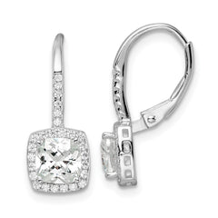 QE16247 Sterling Silver RH-plated Polished Princess Cut CZ Halo Leverback Earrings