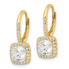 QE16248 Sterling Silver Gold-tone Polished Princess Cut CZ Halo Leverback Earrings