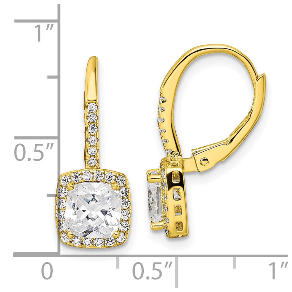 QE16248 Sterling Silver Gold-tone Polished Princess Cut CZ Halo Leverback Earrings