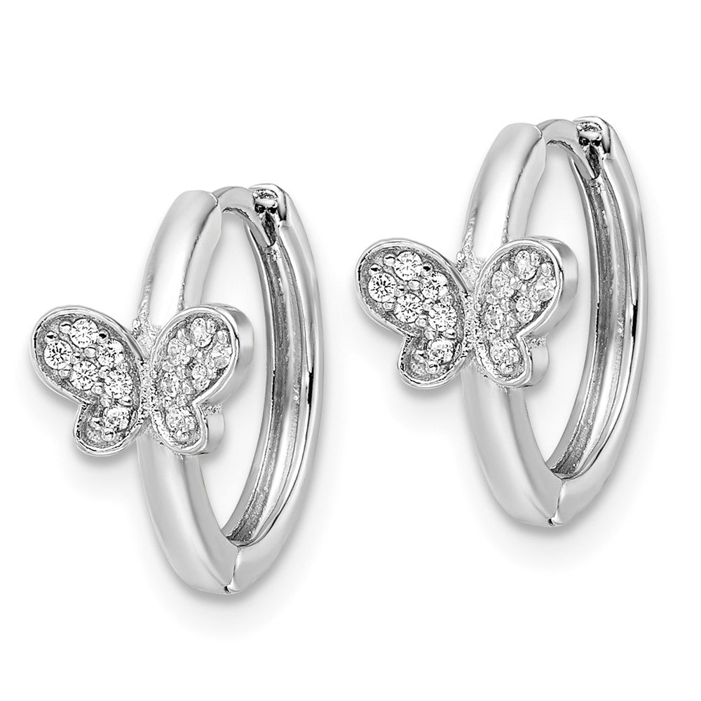 QE16287 Sterling Silver Rhodium-plated Polished CZ Hinged Hoop Butterfly Earrings