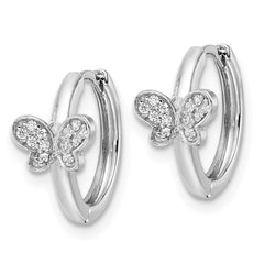 QE16287 Sterling Silver Rhodium-plated Polished CZ Hinged Hoop Butterfly Earrings
