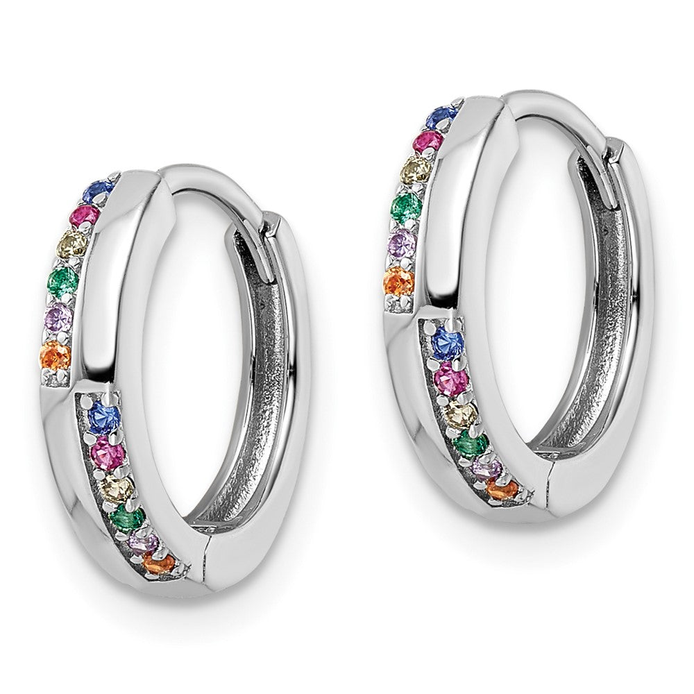 QE16290 Sterling Silver Rhodium-plated Multicolor CZ Hinged Hoop Earrings