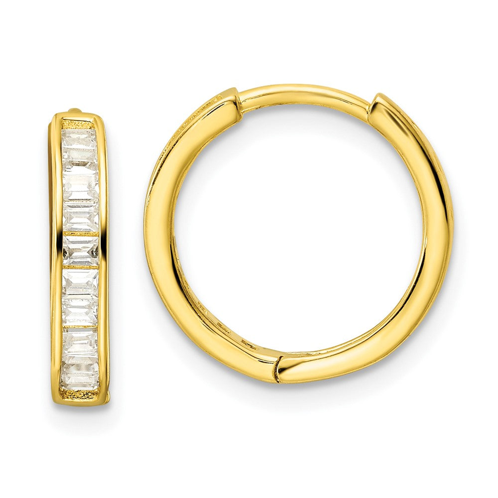 QE16296 Sterling Silver Polished Gold-tone CZ Hinged Hoop Earrings