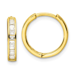 QE16296 Sterling Silver Polished Gold-tone CZ Hinged Hoop Earrings