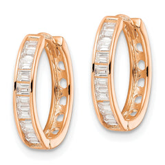 QE16297 Sterling Silver Polished Rose-tone CZ Hinged Hoop Earrings