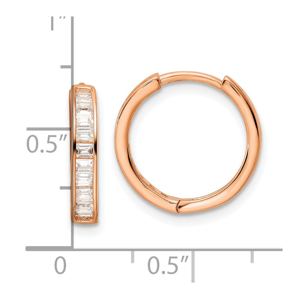 QE16297 Sterling Silver Polished Rose-tone CZ Hinged Hoop Earrings