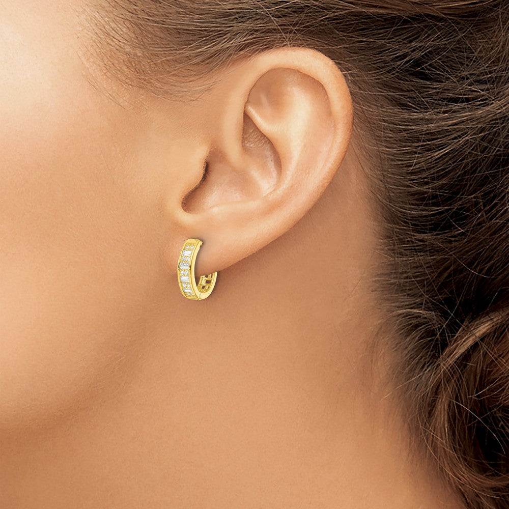 QE16299 Sterling Silver Polished Gold-tone CZ Hinged Hoop Earrings